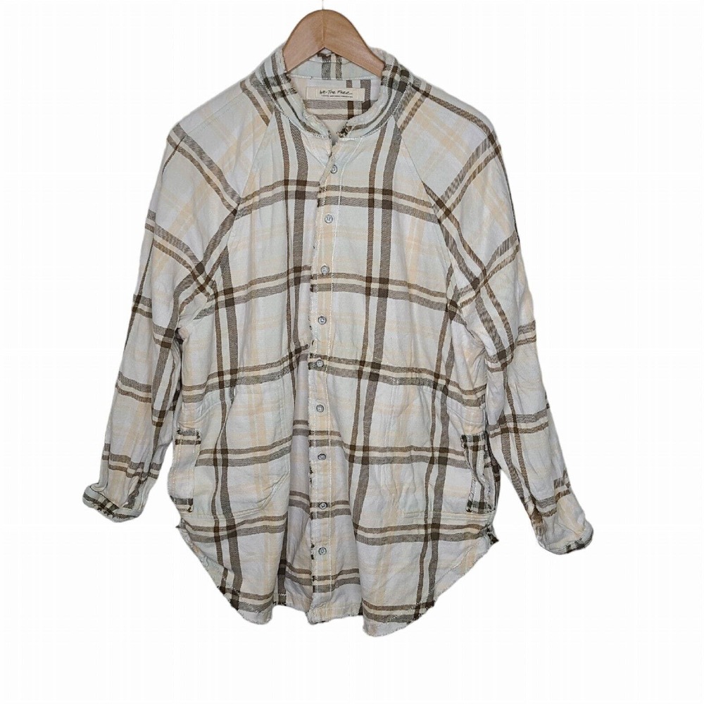 We The Free Flannel Shirt Women XS White Plaid Button Up Long Sleeve‎ Boho NWOT